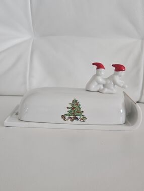 "Home For The Holidays" White Ceramic Holiday Butter Dish with Red-Top Figurines